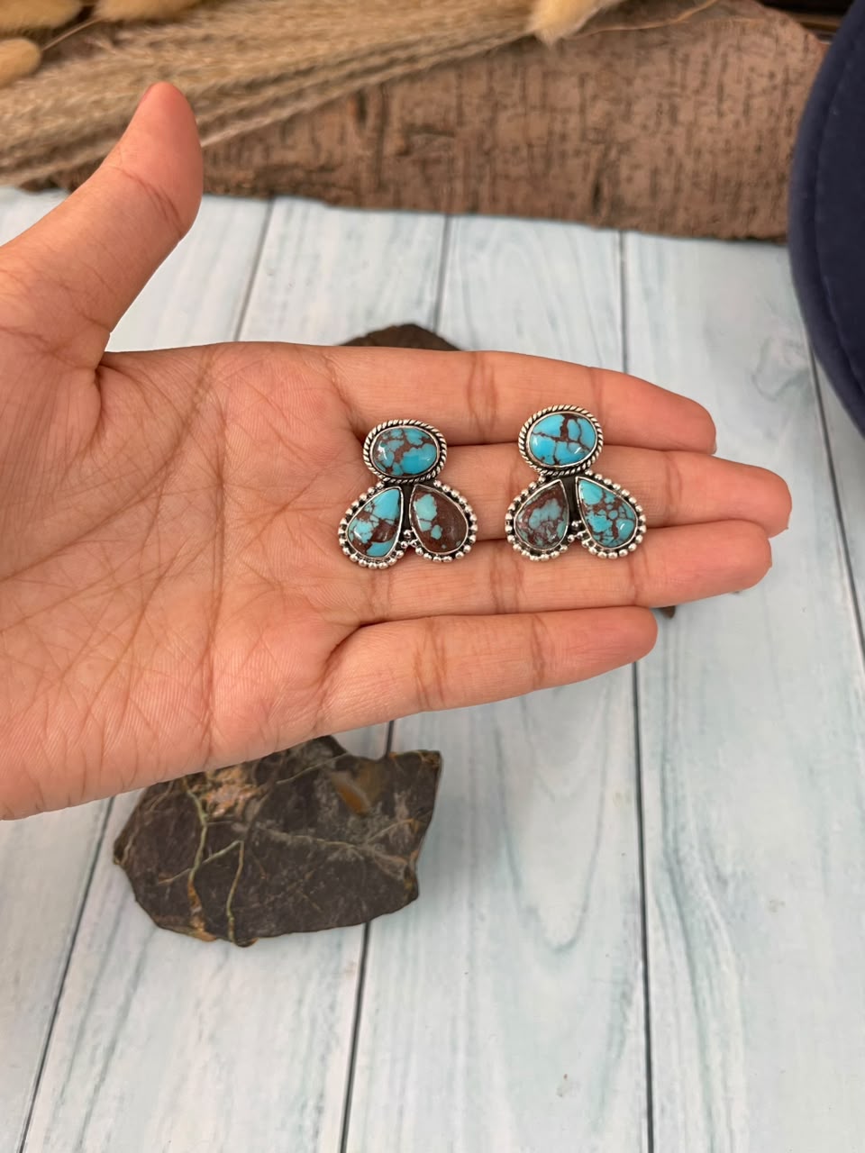Handmade Sterling Silver Egyptian Turquoise Collection: Post Studs Earrings Signed Nizhoni