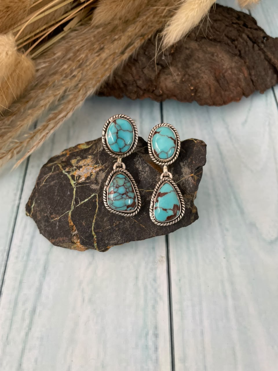 Handmade Sterling Silver Egyptian Turquoise Collection: Post Dangle Earrings Signed Nizhoni