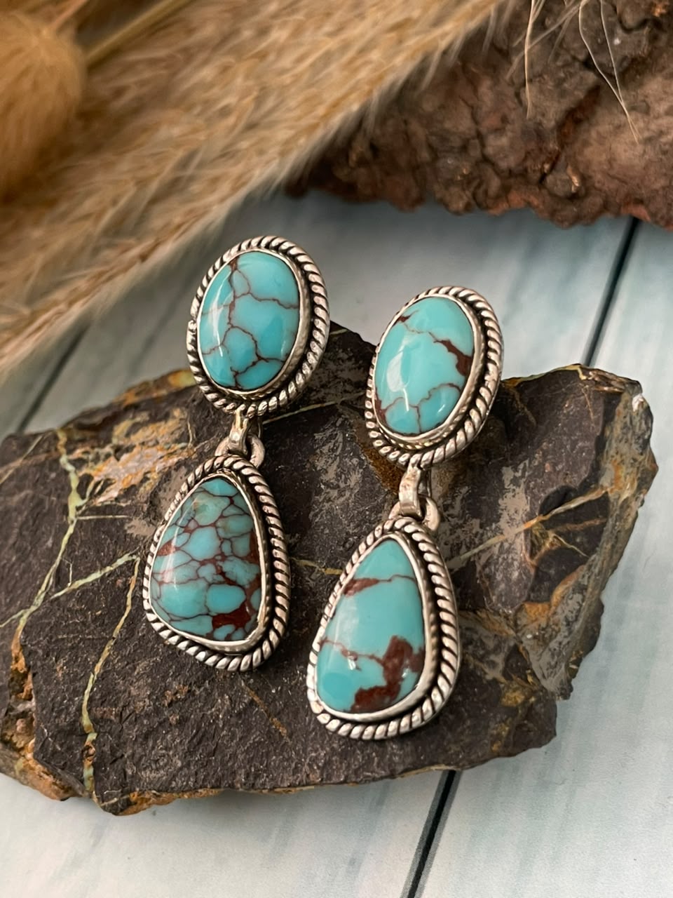 Handmade Sterling Silver Egyptian Turquoise Collection: Post Dangle Earrings Signed Nizhoni