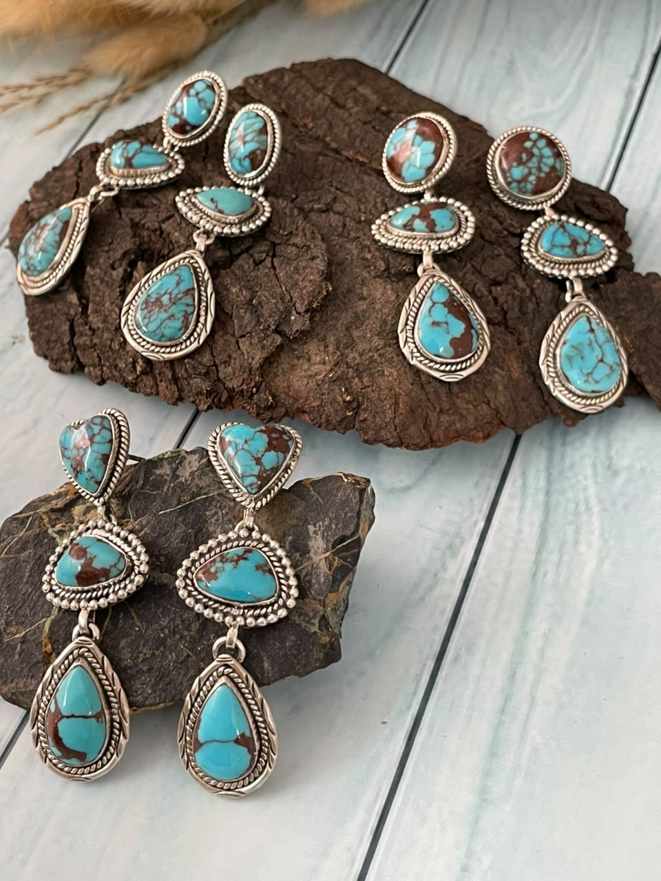 Handmade Sterling Silver Egyptian Turquoise Collection: Post Dangle Earrings Signed Nizhoni