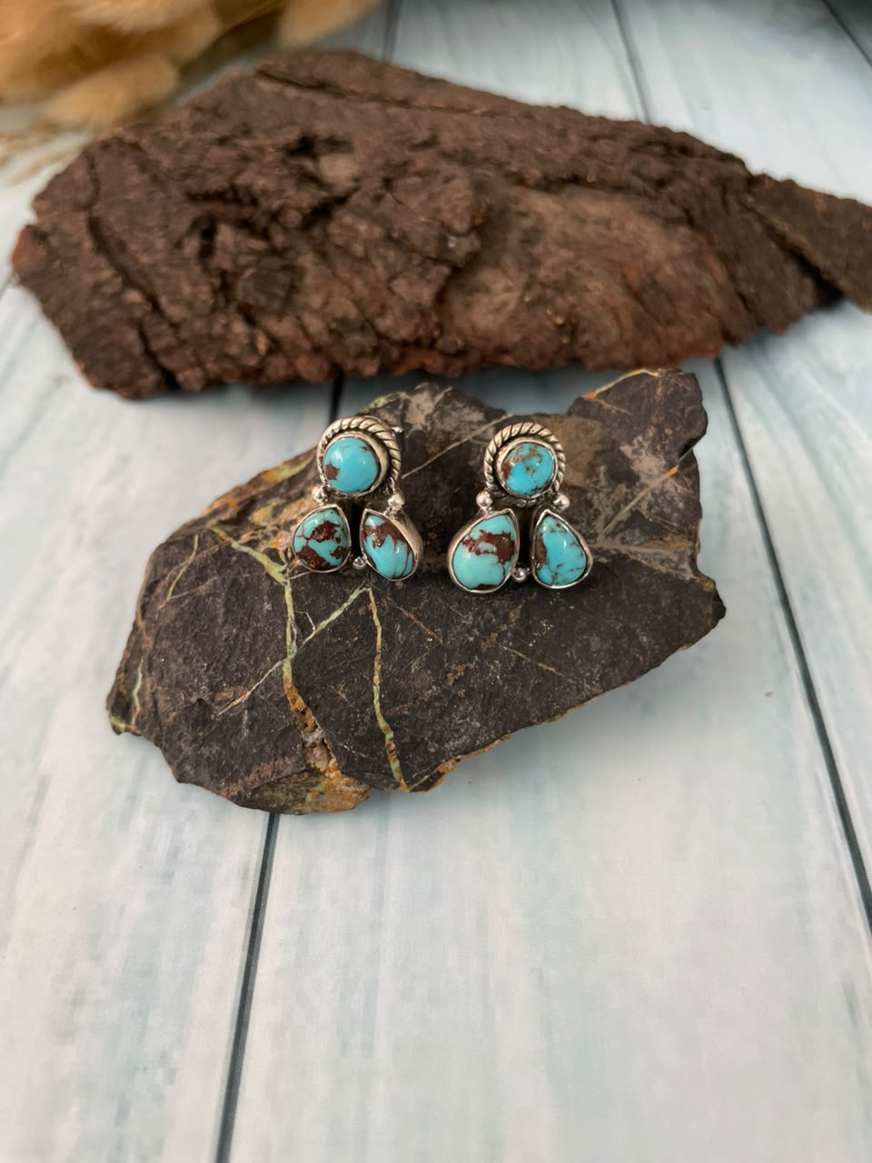 Handmade Sterling Silver Egyptian Turquoise Collection: Post Studs Earrings Signed Nizhoni
