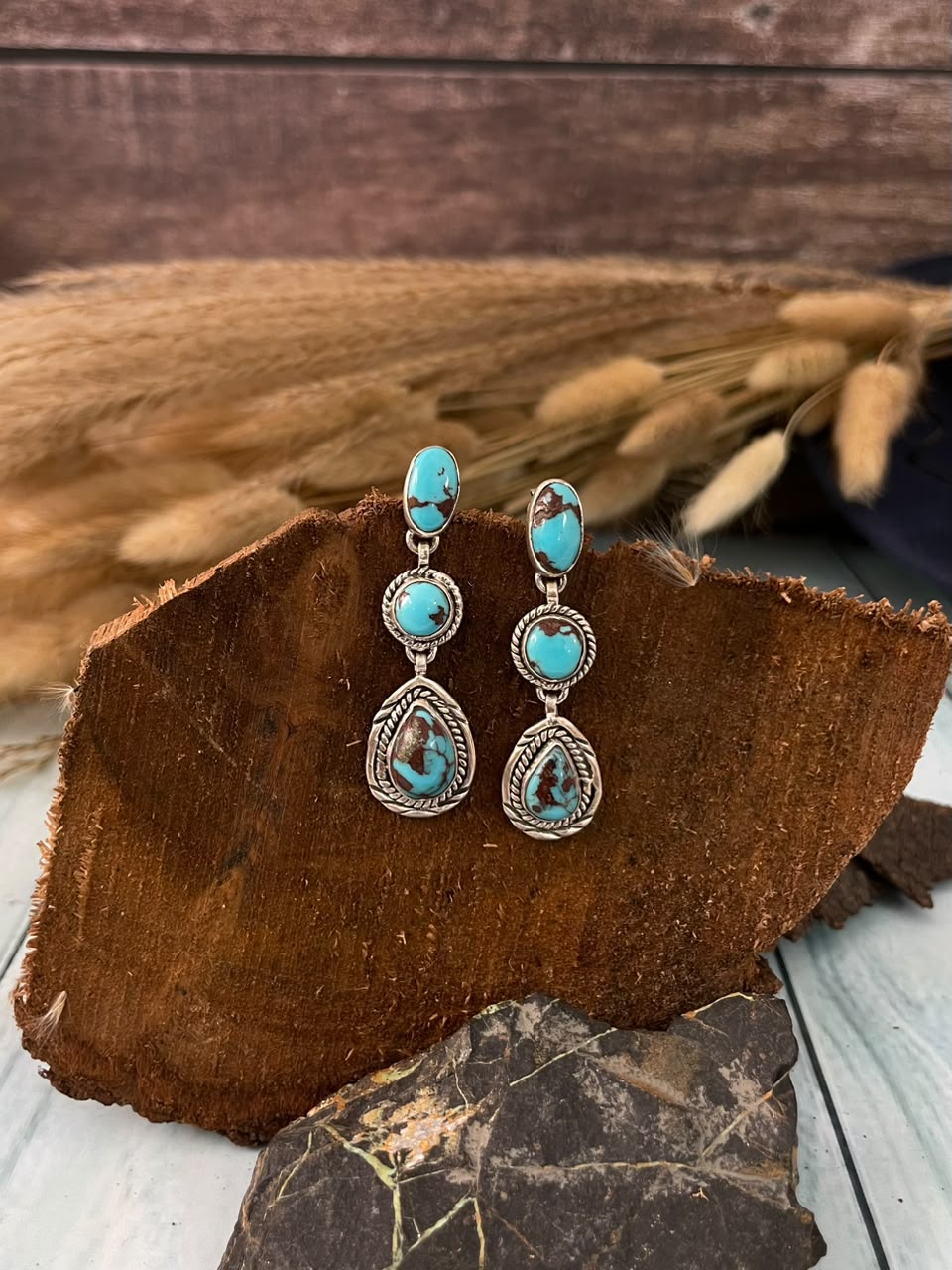 Handmade Sterling Silver Egyptian Turquoise Collection: Post Dangle Earrings Signed Nizhoni