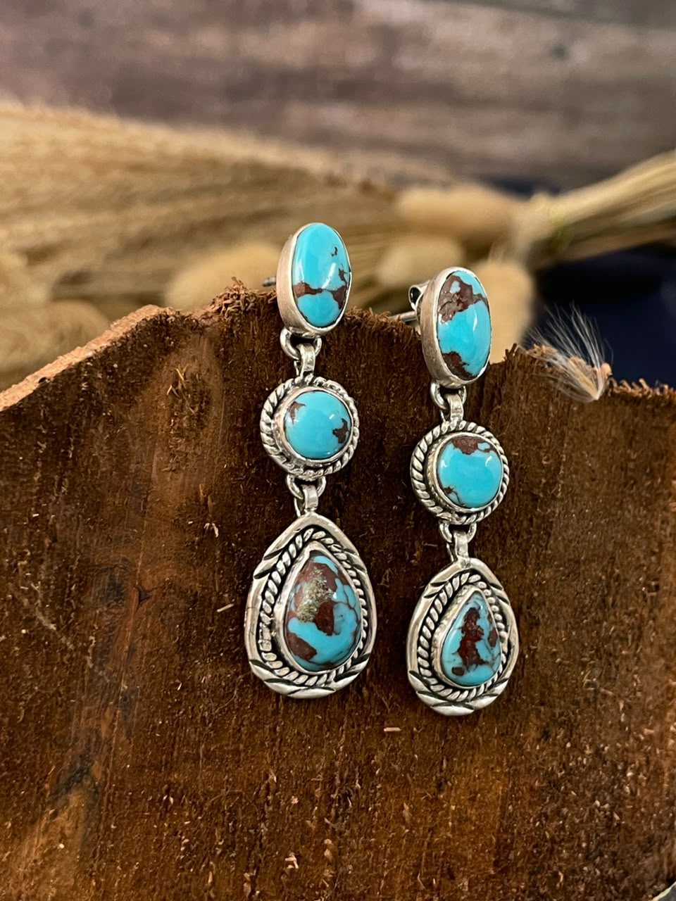Handmade Sterling Silver Egyptian Turquoise Collection: Post Dangle Earrings Signed Nizhoni