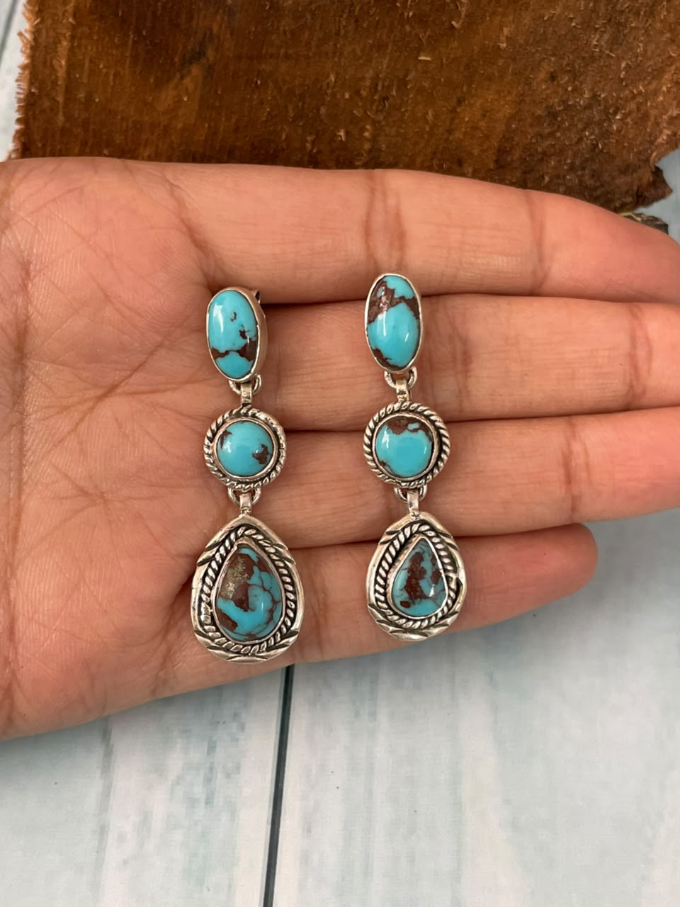 Handmade Sterling Silver Egyptian Turquoise Collection: Post Dangle Earrings Signed Nizhoni