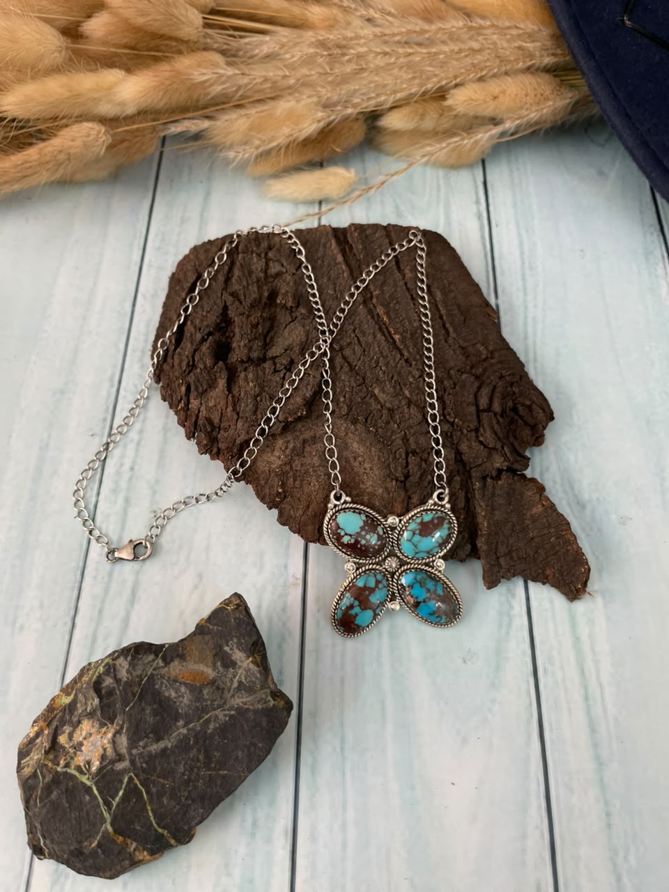 Handmade Sterling Silver Egyptian Turquoise Collection: Butterfly Necklace Signed Nizhoni