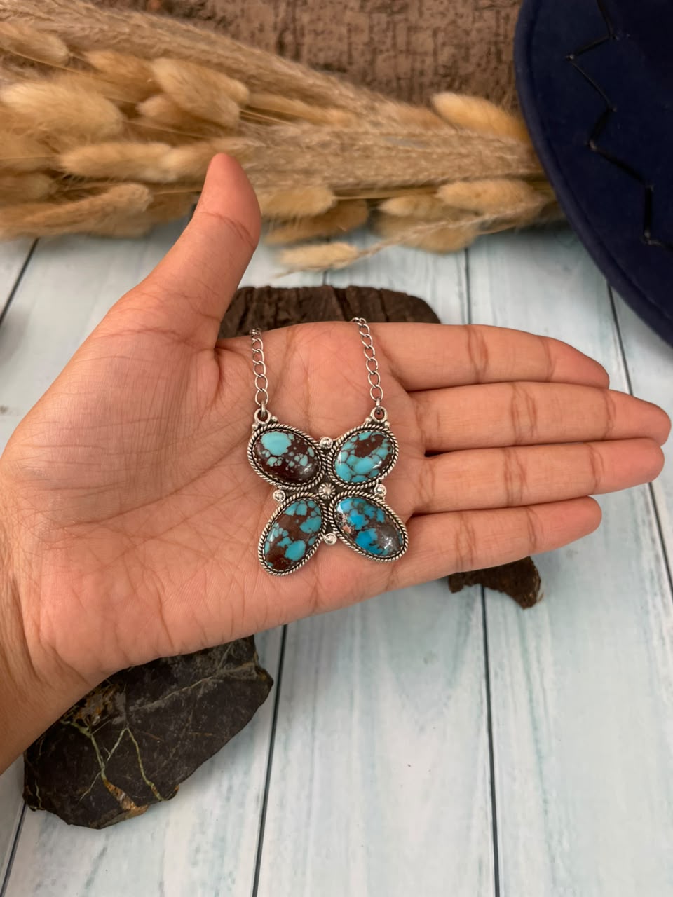 Handmade Sterling Silver Egyptian Turquoise Collection: Butterfly Necklace Signed Nizhoni