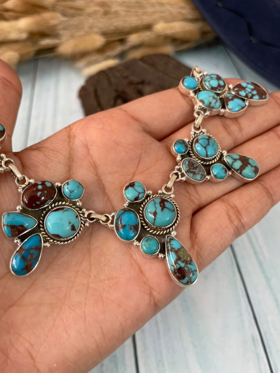 Handmade Sterling Silver Egyptian Turquoise Collection: Necklace Signed Nizhoni