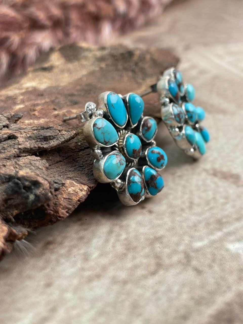 Handmade Sterling Silver Egyptian Turquoise Collection: Post Studs Earrings Signed Nizhoni