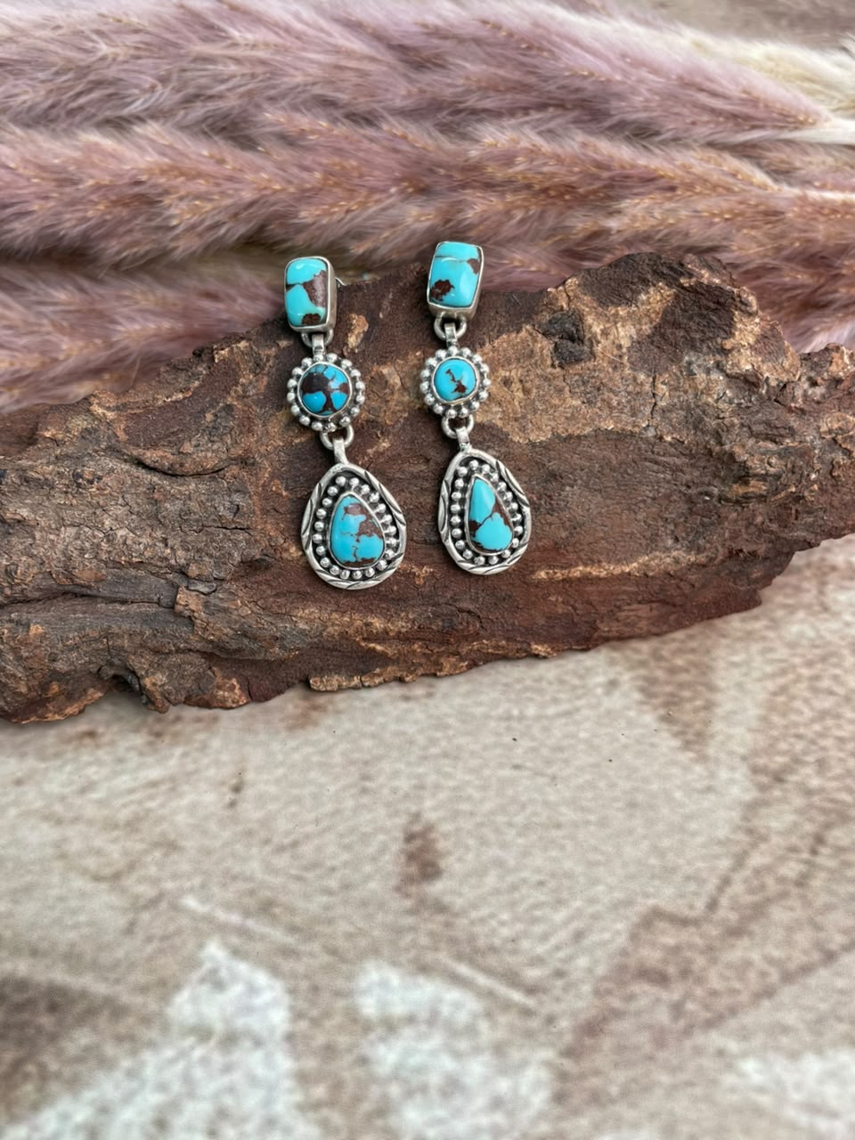 Handmade Sterling Silver Egyptian Turquoise Collection: Post Dangle Earrings Signed Nizhoni