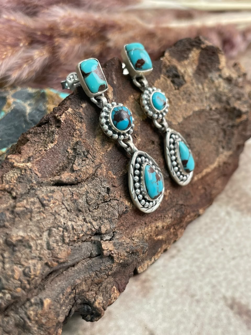 Handmade Sterling Silver Egyptian Turquoise Collection: Post Dangle Earrings Signed Nizhoni