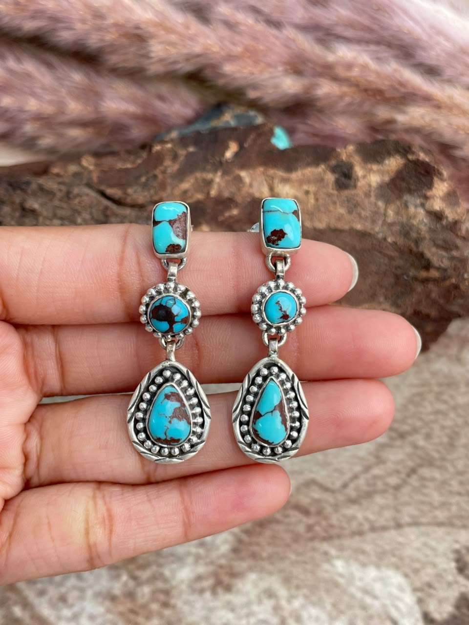 Handmade Sterling Silver Egyptian Turquoise Collection: Post Dangle Earrings Signed Nizhoni