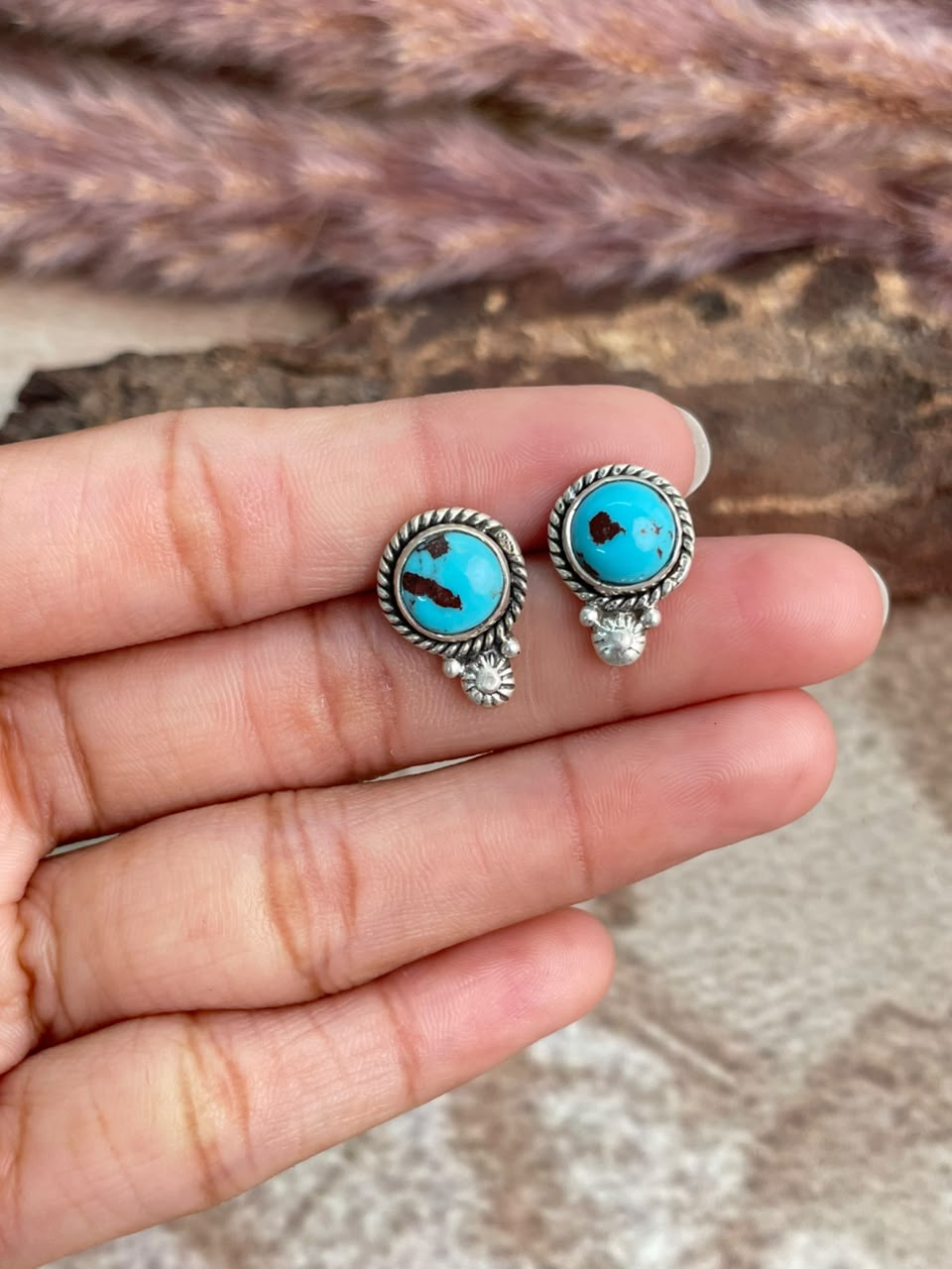 Handmade Sterling Silver Egyptian Turquoise Collection: Post Studs Earrings Signed Nizhoni