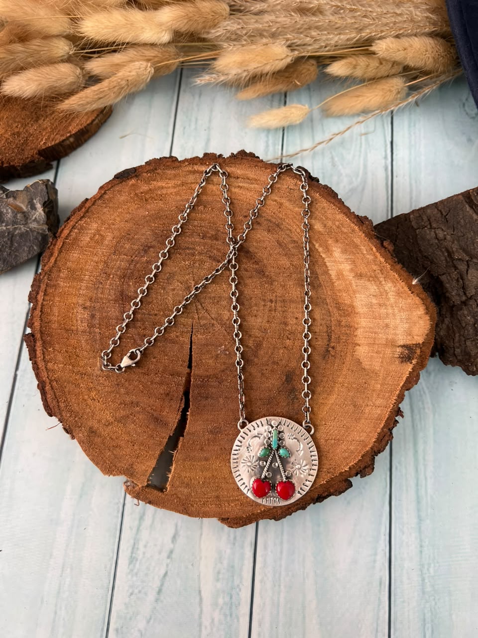Handmade Sterling Silver Kingman Turquoise with Rosarita Cherry Necklace Signed Nizhoni (5)