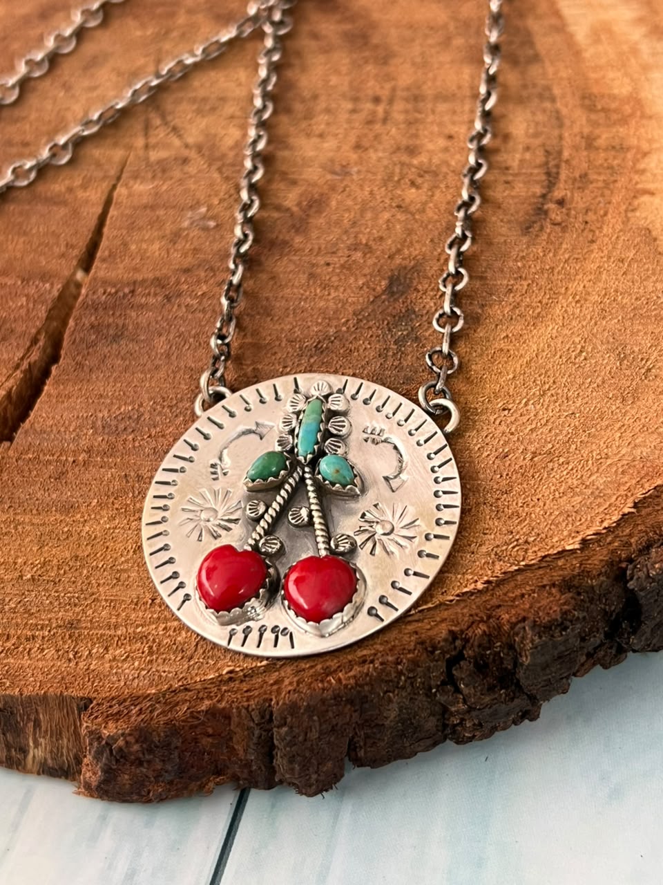 Handmade Sterling Silver Kingman Turquoise with Rosarita Cherry Necklace Signed Nizhoni (5)