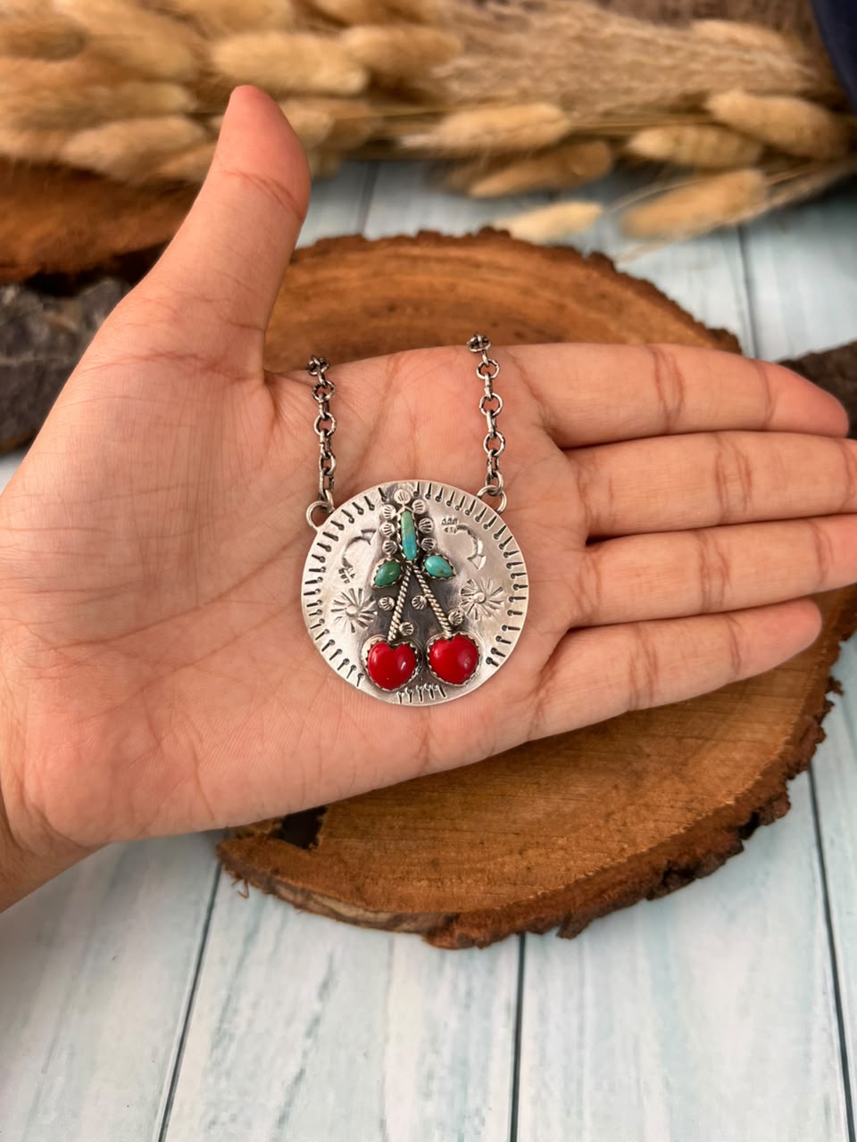 Handmade Sterling Silver Kingman Turquoise with Rosarita Cherry Necklace Signed Nizhoni (5)