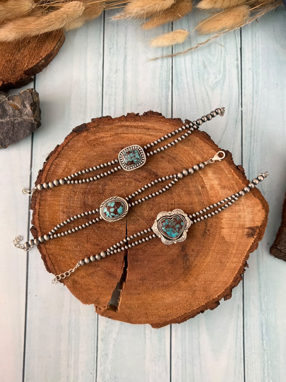 Handmade Sterling Silver Egyptian Turquoise Collection: Beaded Chain Bracelet Signed Nizhoni