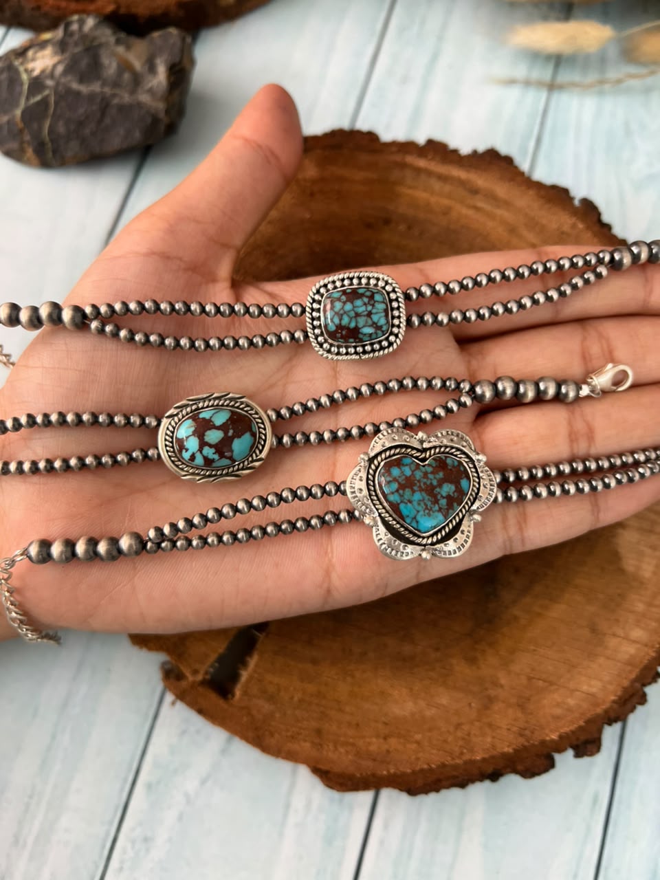 Handmade Sterling Silver Egyptian Turquoise Collection: Beaded Chain Bracelet Signed Nizhoni