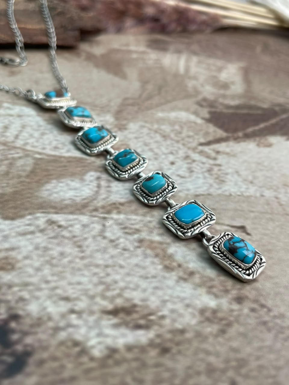 Handmade Sterling Silver Egyptian Turquoise Collection: Drop Necklace Signed Nizhoni