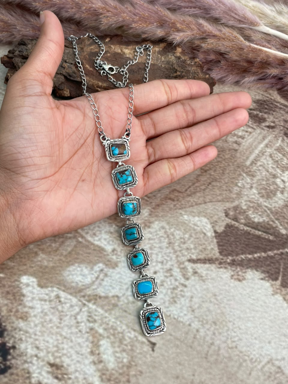 Handmade Sterling Silver Egyptian Turquoise Collection: Drop Necklace Signed Nizhoni