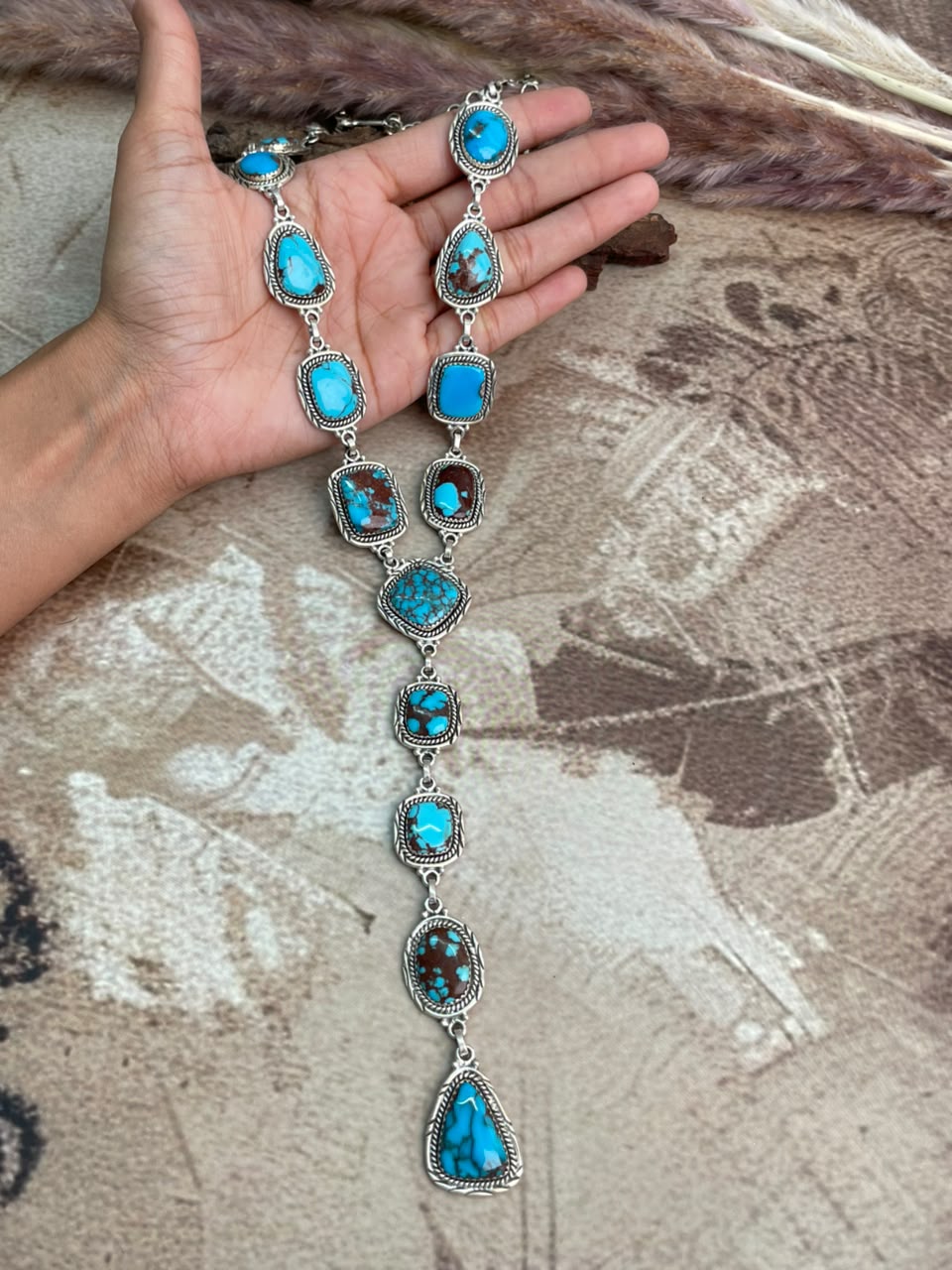 Handmade Sterling Silver Egyptian Turquoise Collection: Drop Necklace Signed Nizhoni