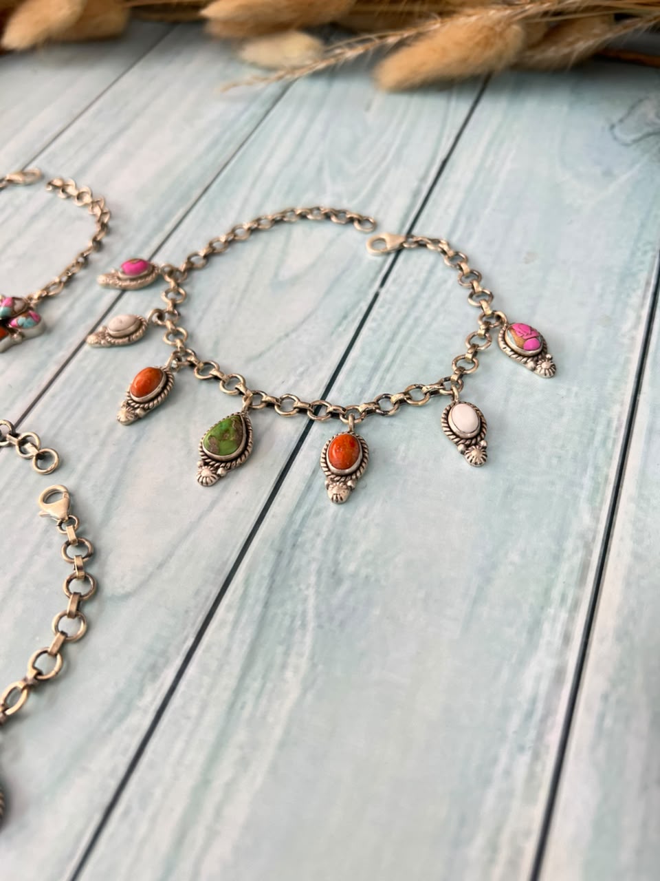 Handmade Sterling Silver Orange Mojave with White Buffalo, Sonoran Mountain and Cotton Candy Chain Bracelet Signed Nizhoni