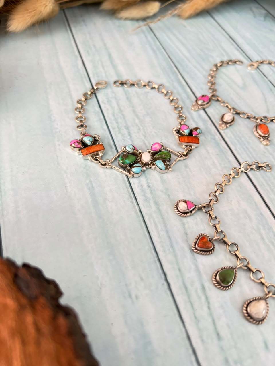 Handmade Sterling Silver Orange Mojave with White Buffalo, Sonoran Mountain and Cotton Candy Chain Bracelet Signed Nizhoni