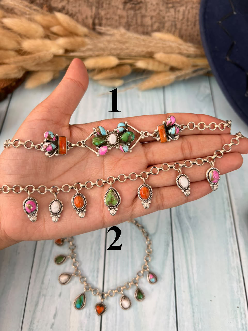 Handmade Sterling Silver Orange Mojave with White Buffalo, Sonoran Mountain and Cotton Candy Chain Bracelet Signed Nizhoni