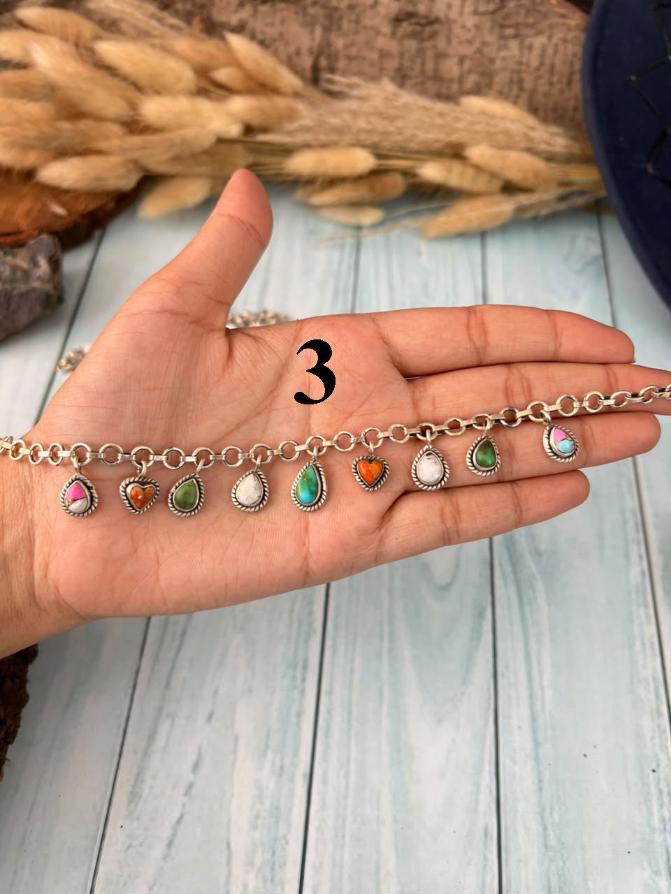 Handmade Sterling Silver Orange Mojave with White Buffalo, Sonoran Mountain and Cotton Candy Chain Bracelet Signed Nizhoni