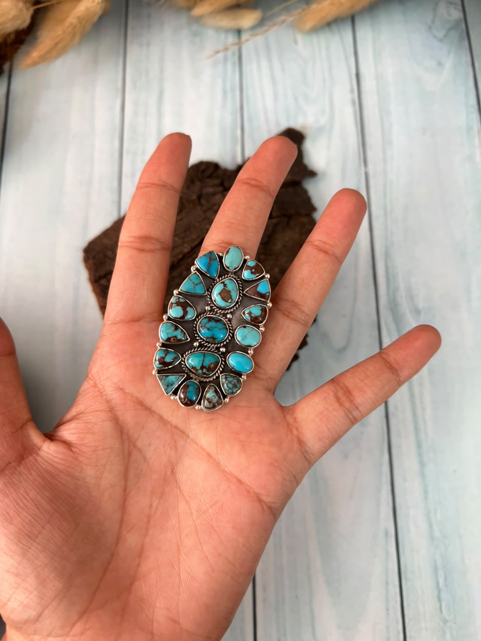 Handmade Sterling Silver Egyptian Turquoise Collection: Adjustable Ring Signed Nizhoni