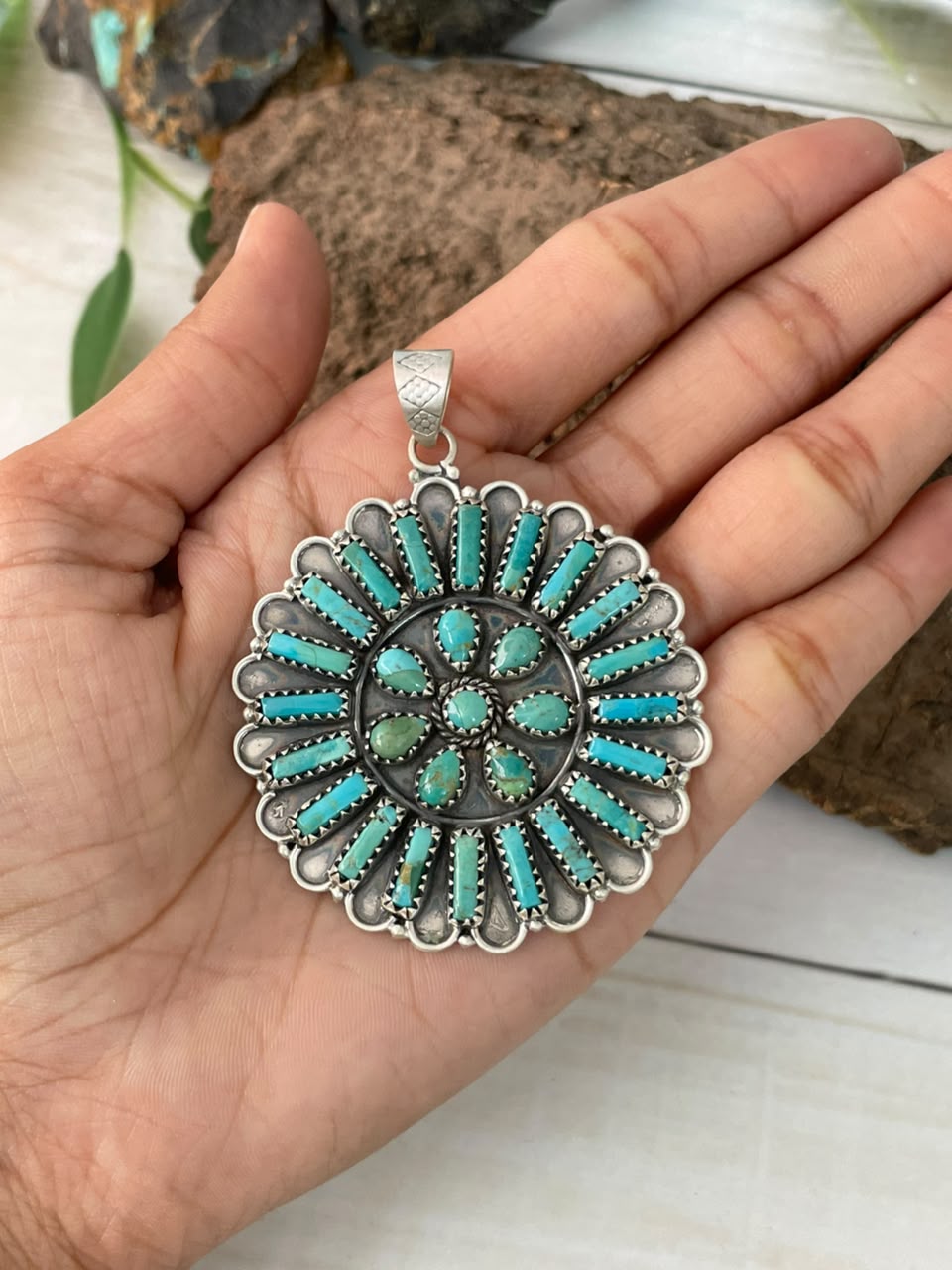 Handmade Sterling Silver Kingman Turquoise Pendant Signed Nizhoni (5)