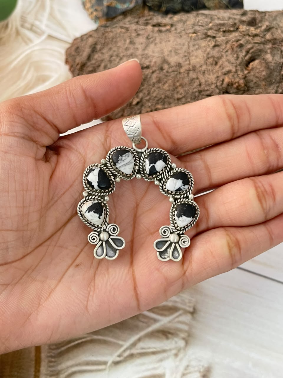 Handmade Sterling Silver White Buffalo Naja Pendant Signed Nizhoni (2)