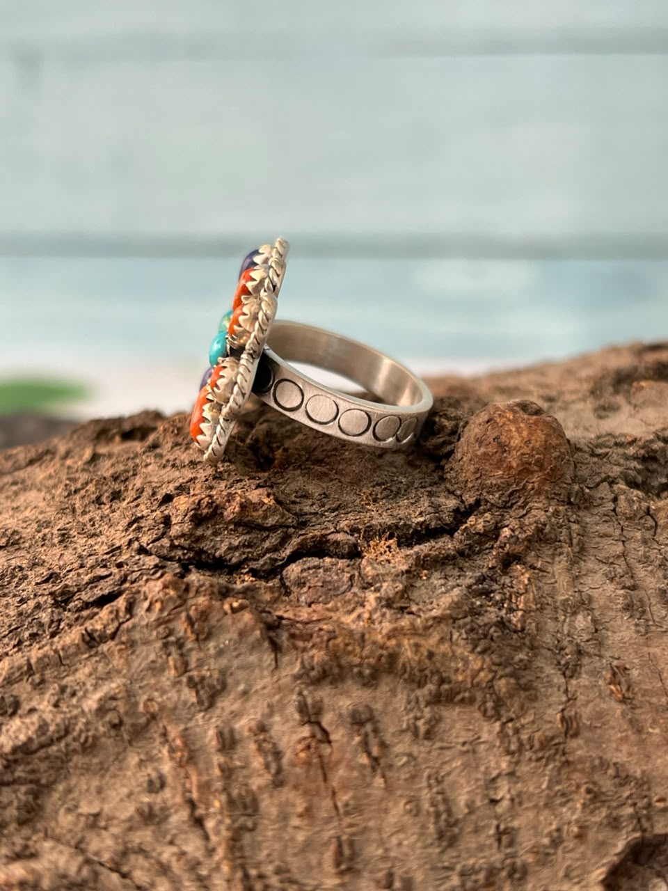 Handmade Sterling Silver Kingman Turquoise with Orange Mojave and Lapis Adjustable Ring Signed Nizhoni