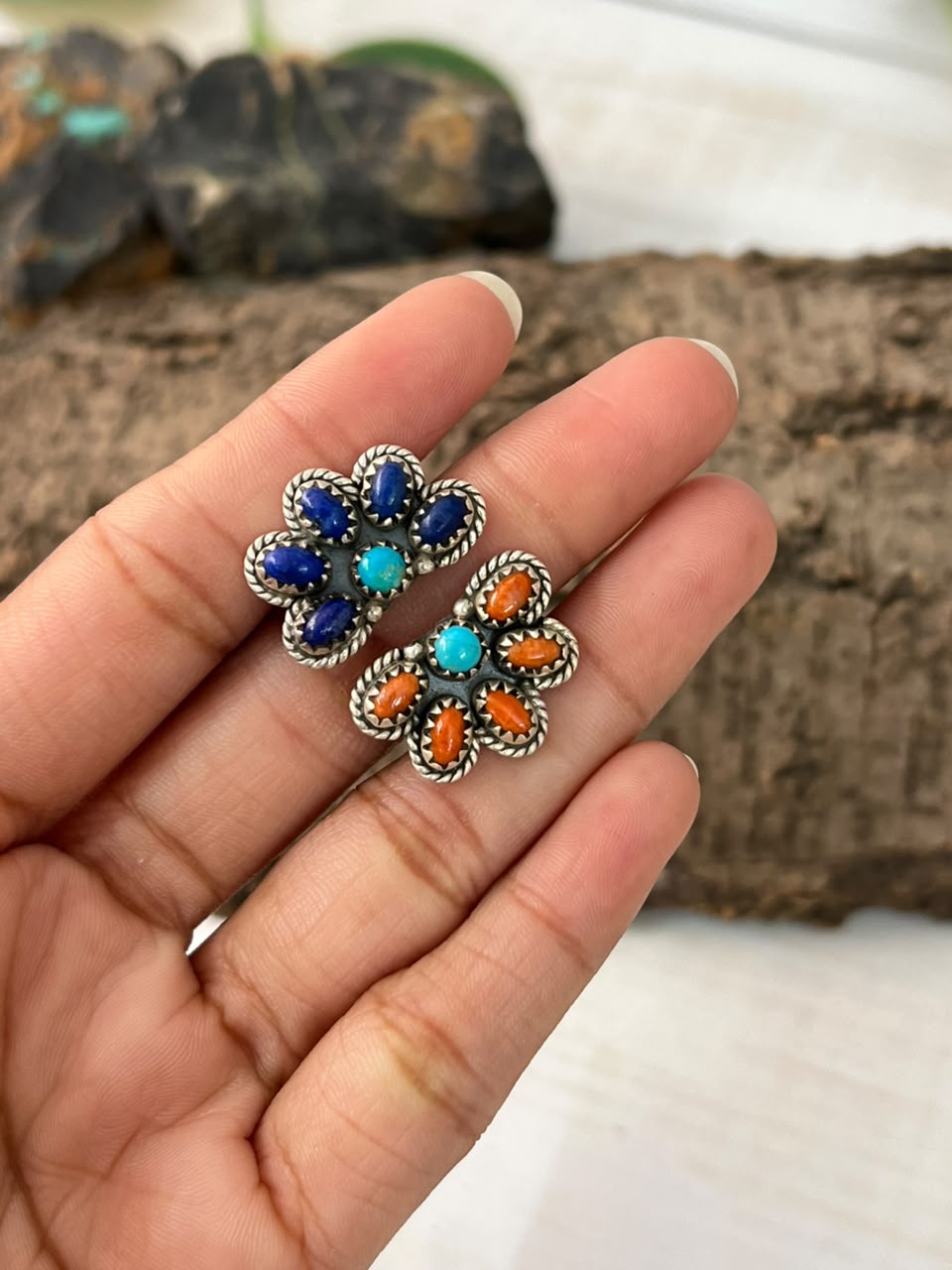 Handmade Sterling Silver Kingman Turquoise with Orange Mojave and Lapis Adjustable Ring Signed Nizhoni