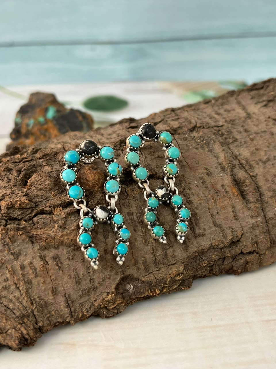 Handmade Sterling Silver Kingman Turquoise with White Buffalo Post Dangle Earrings Signed Nizhoni