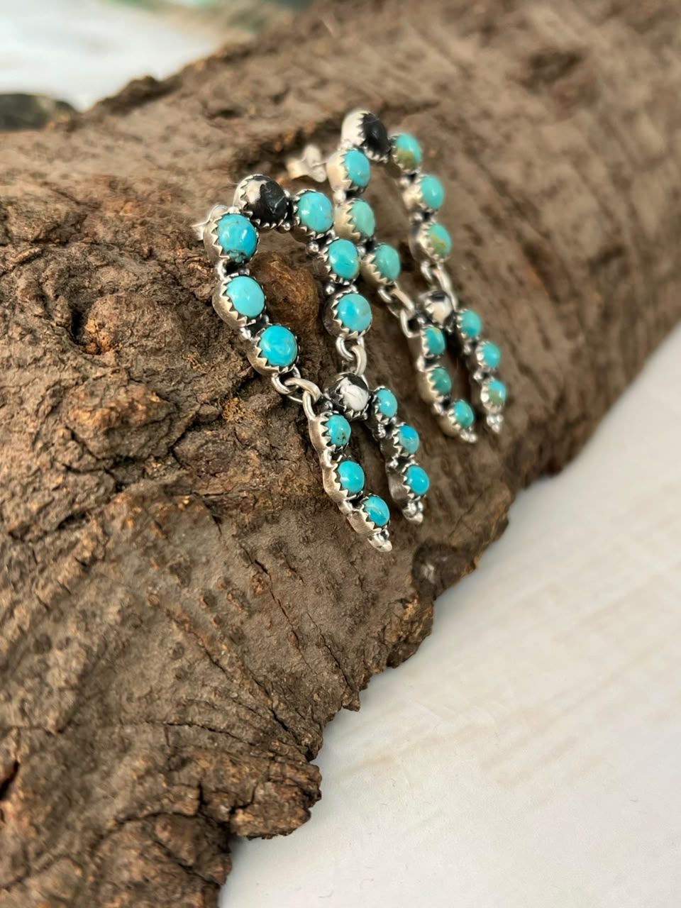 Handmade Sterling Silver Kingman Turquoise with White Buffalo Post Dangle Earrings Signed Nizhoni