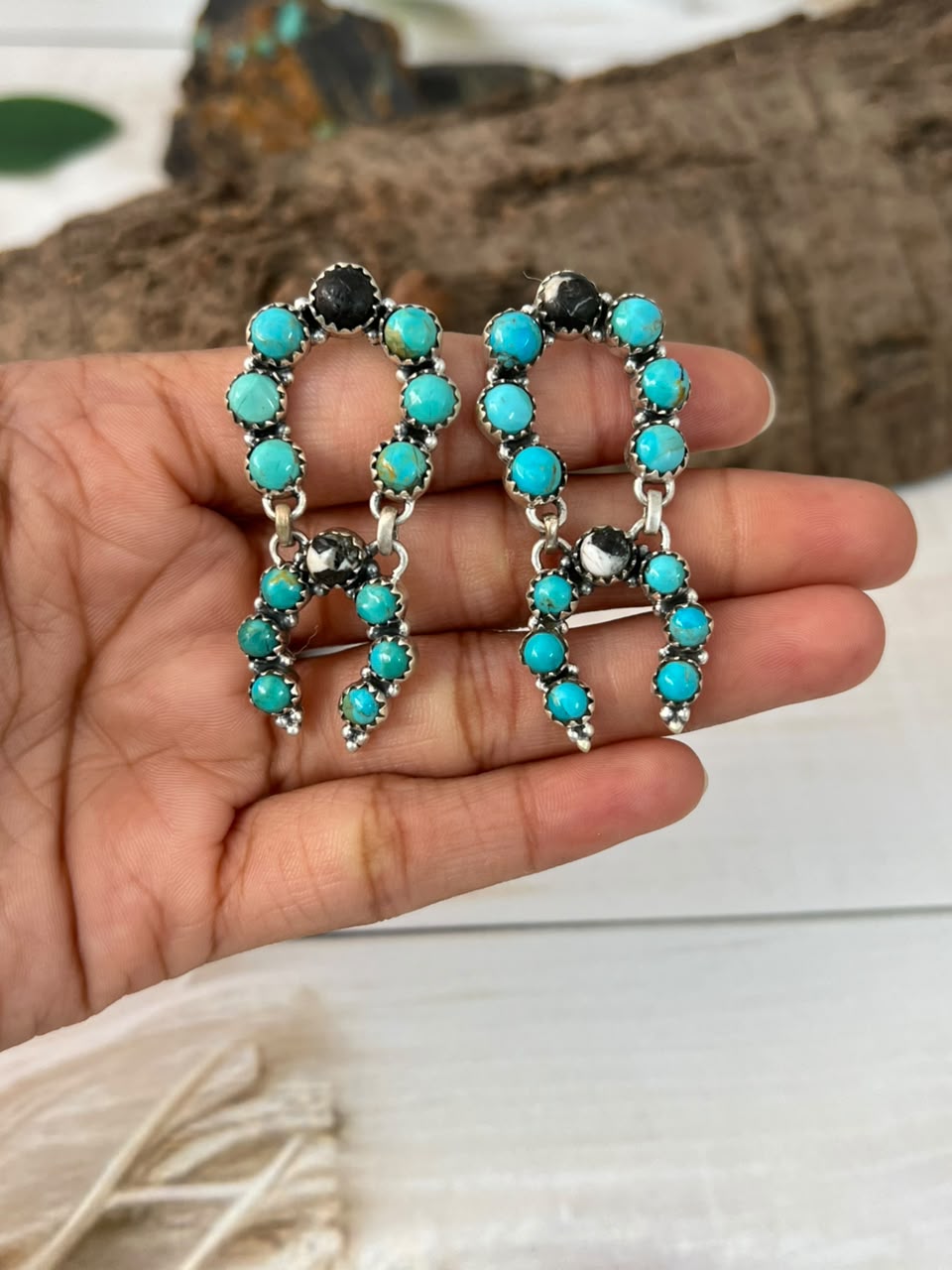 Handmade Sterling Silver Kingman Turquoise with White Buffalo Post Dangle Earrings Signed Nizhoni