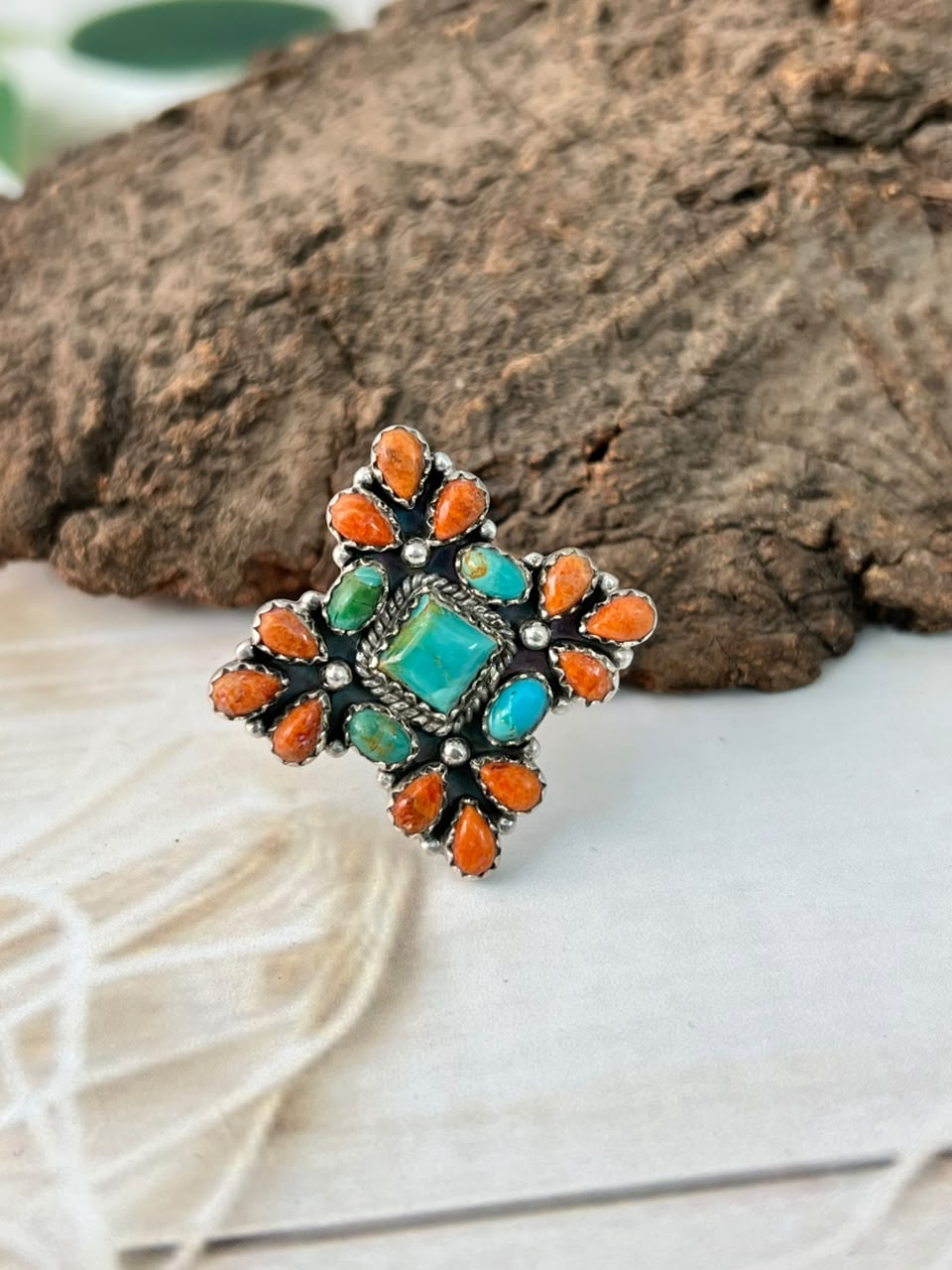 Handmade Sterling Silver Kingman Turquoise with Orange Mojave Adjustable Ring Signed Nizhoni
