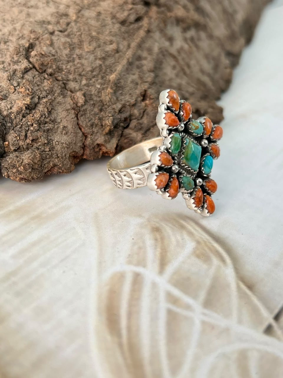 Handmade Sterling Silver Kingman Turquoise with Orange Mojave Adjustable Ring Signed Nizhoni