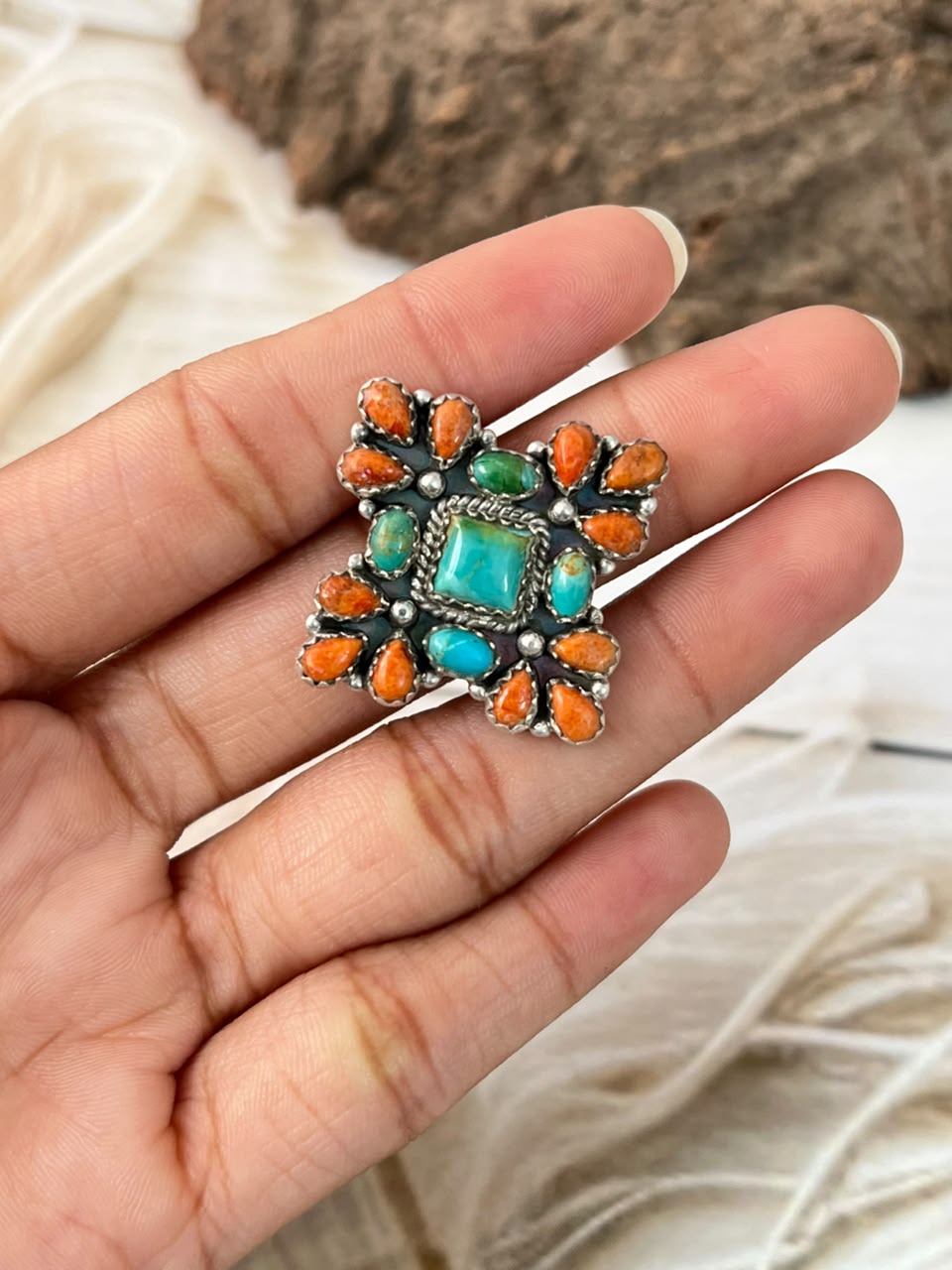 Handmade Sterling Silver Kingman Turquoise with Orange Mojave Adjustable Ring Signed Nizhoni