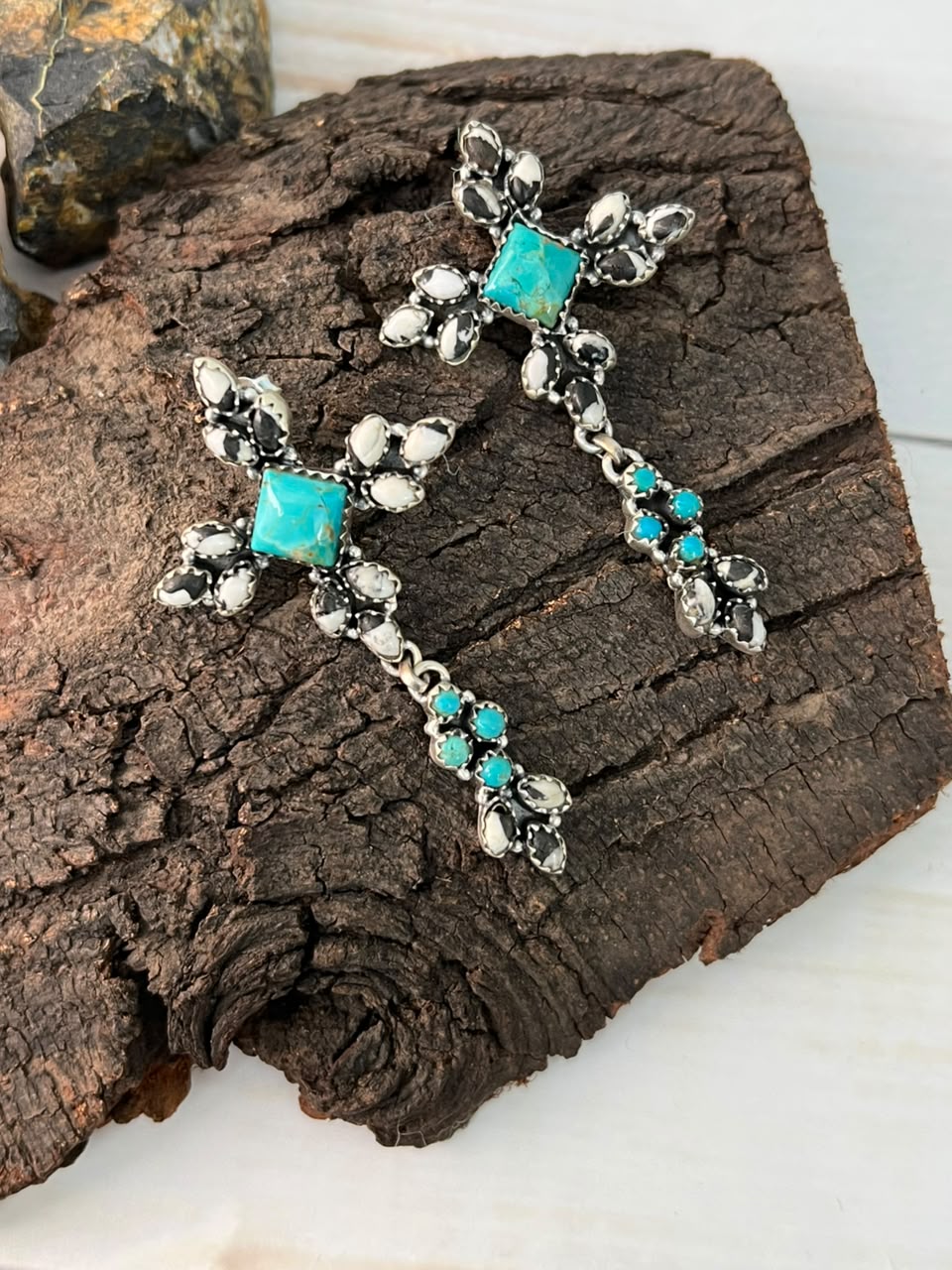 Handmade Sterling Silver Kingman Turquoise with White Buffalo Post Dangle Earrings Signed Nizhoni