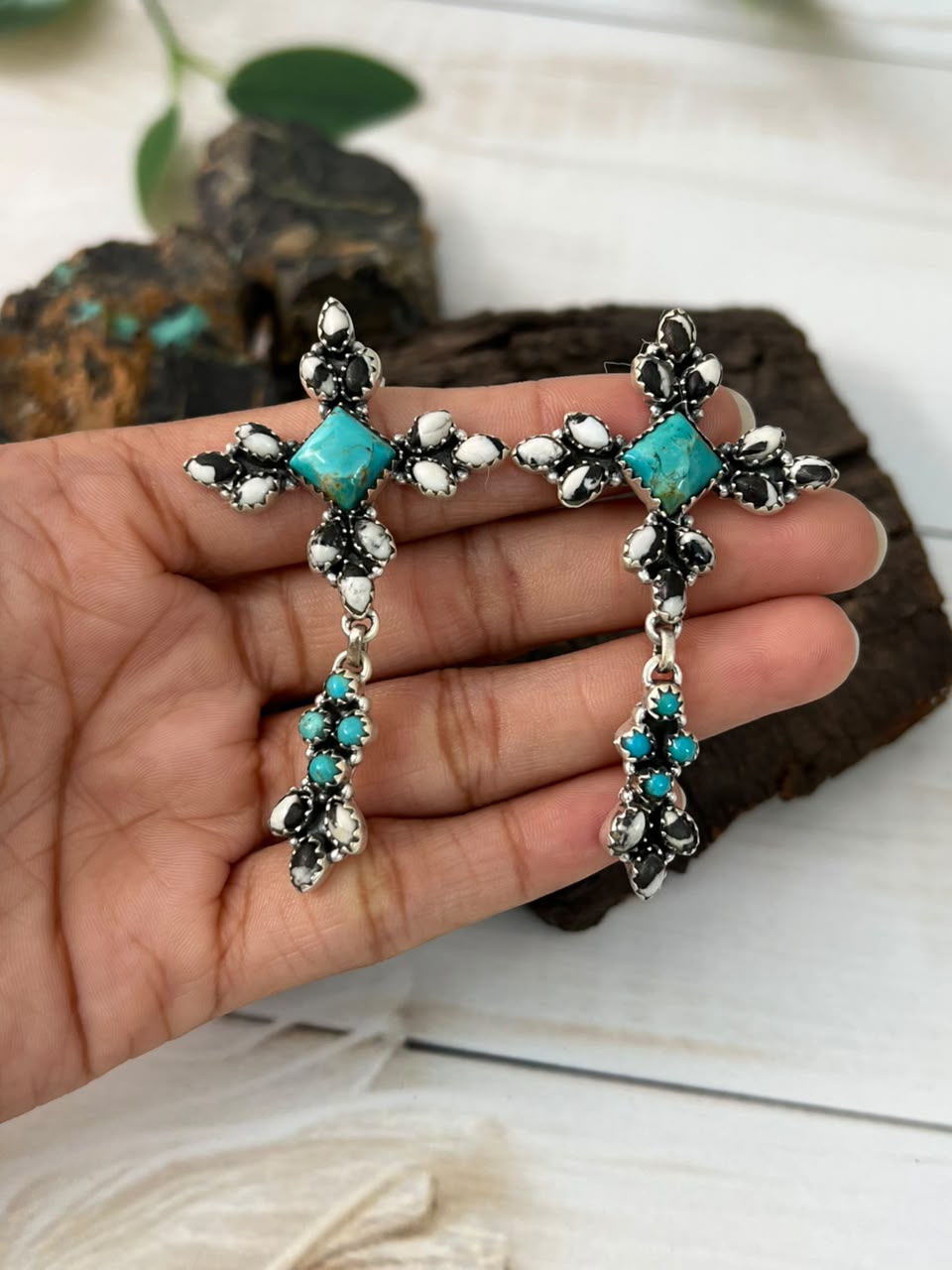 Handmade Sterling Silver Kingman Turquoise with White Buffalo Post Dangle Earrings Signed Nizhoni