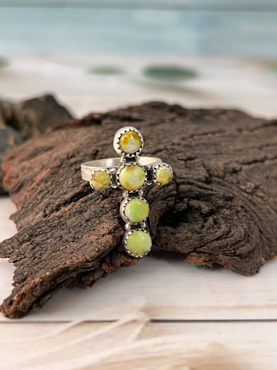 Handmade Sterling Silver Palomino Turquoise Cross Adjustable Ring Signed Nizhoni
