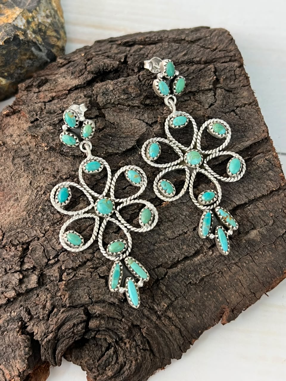 Handmade Sterling Silver Kingman Turquoise Post Dangle Earrings Signed Nizhoni