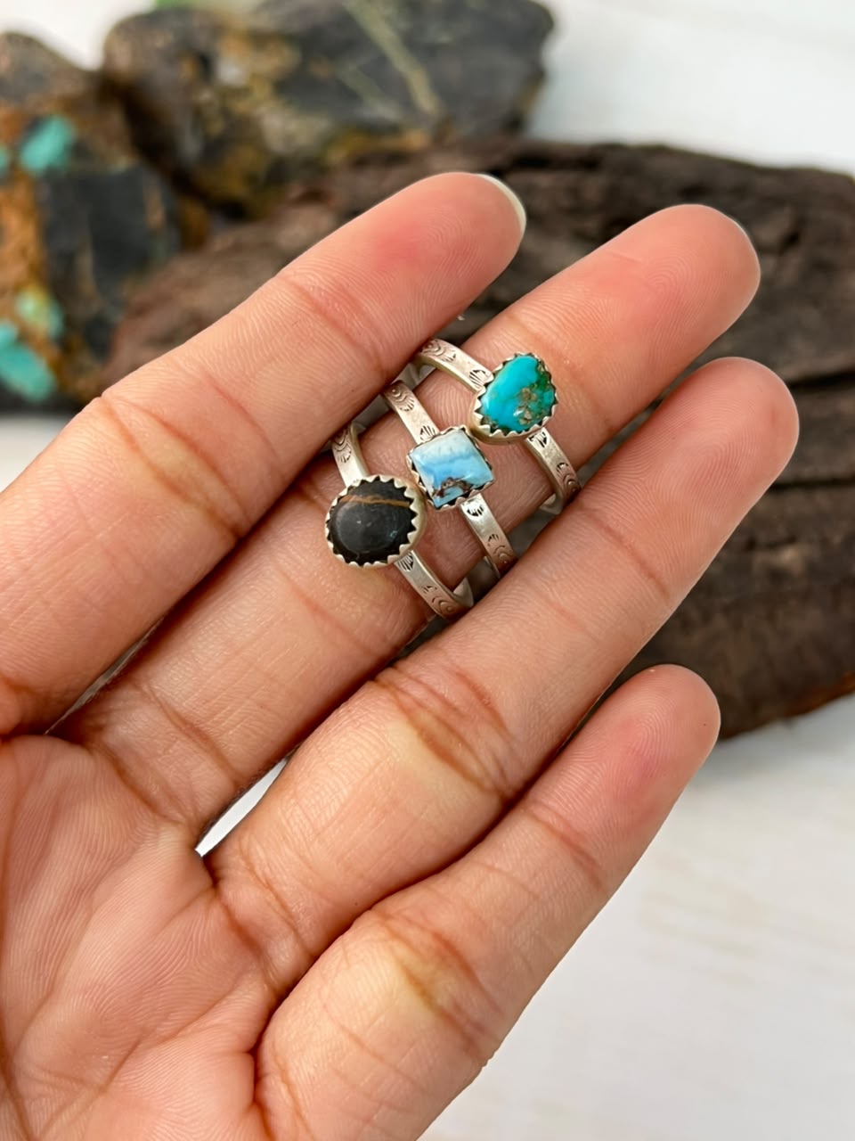 Handmade Sterling Silver Golden Hills with Sonoran Mountain and Blackjack Turquoise Adjustable Stackable Ring