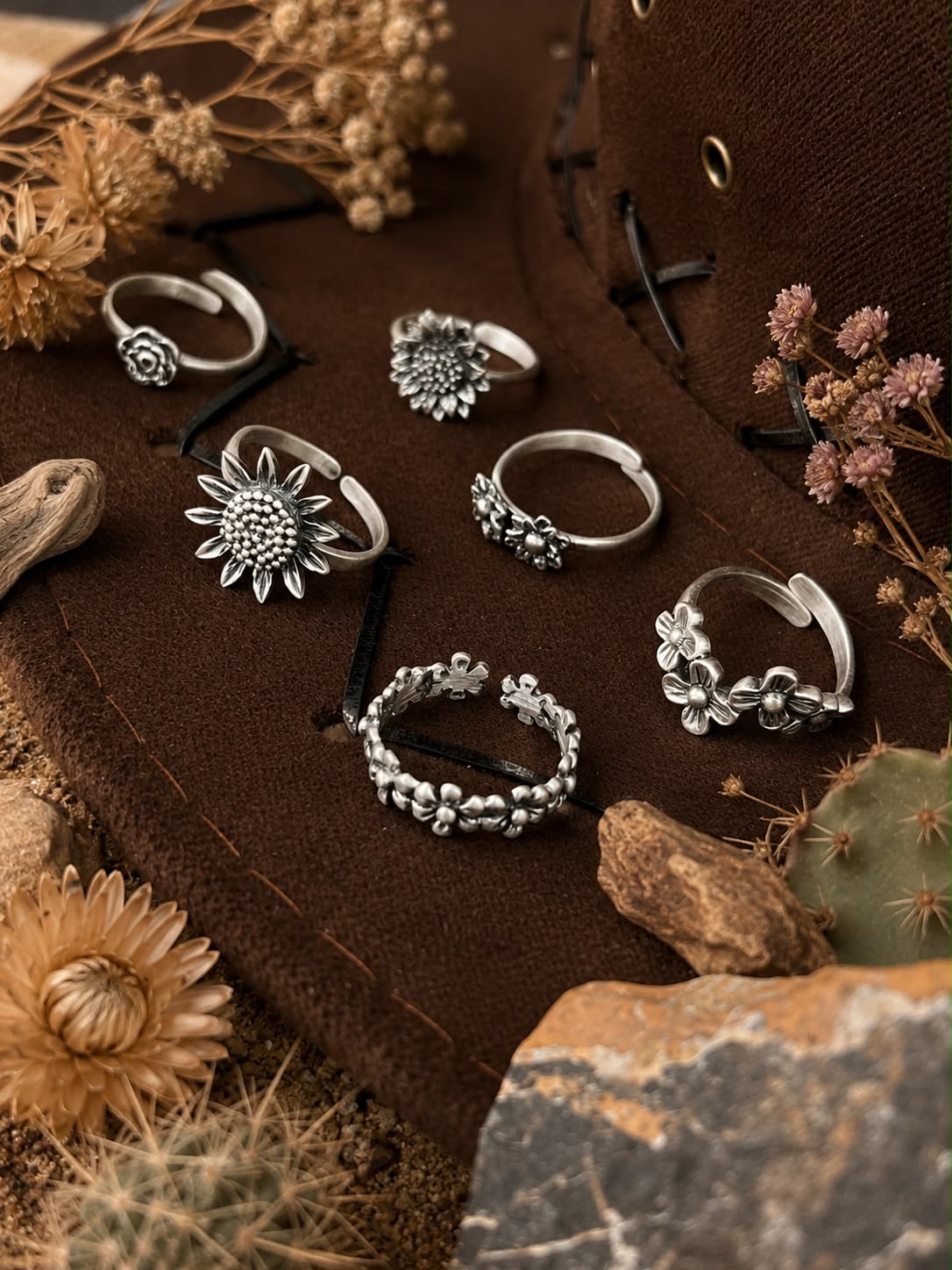 Handmade Sterling Silver Desert Bloom Stack Collection: Adjustable Ring