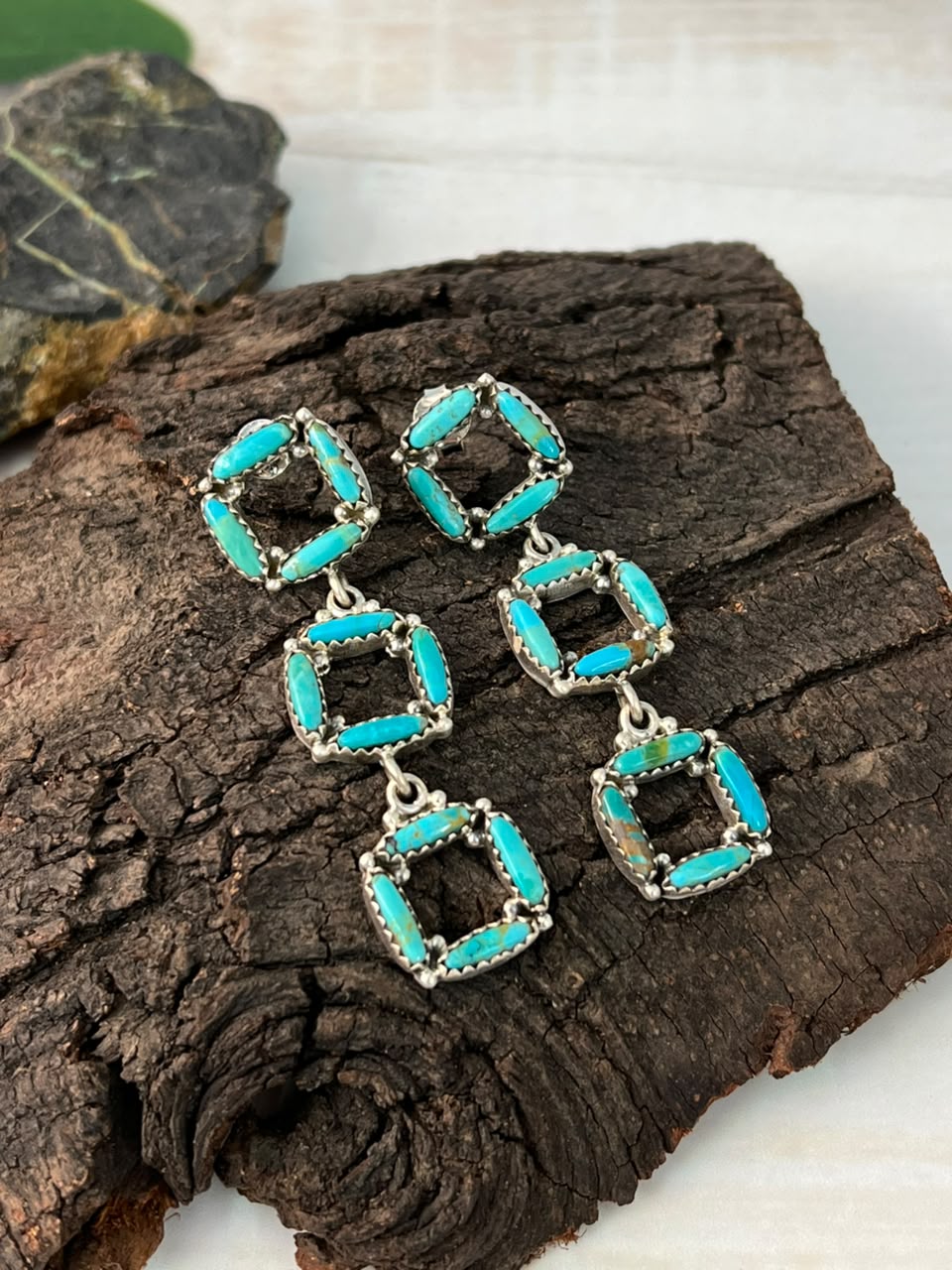 Handmade Sterling Silver Kingman Turquoise Post Dangle Earrings Signed Nizhoni