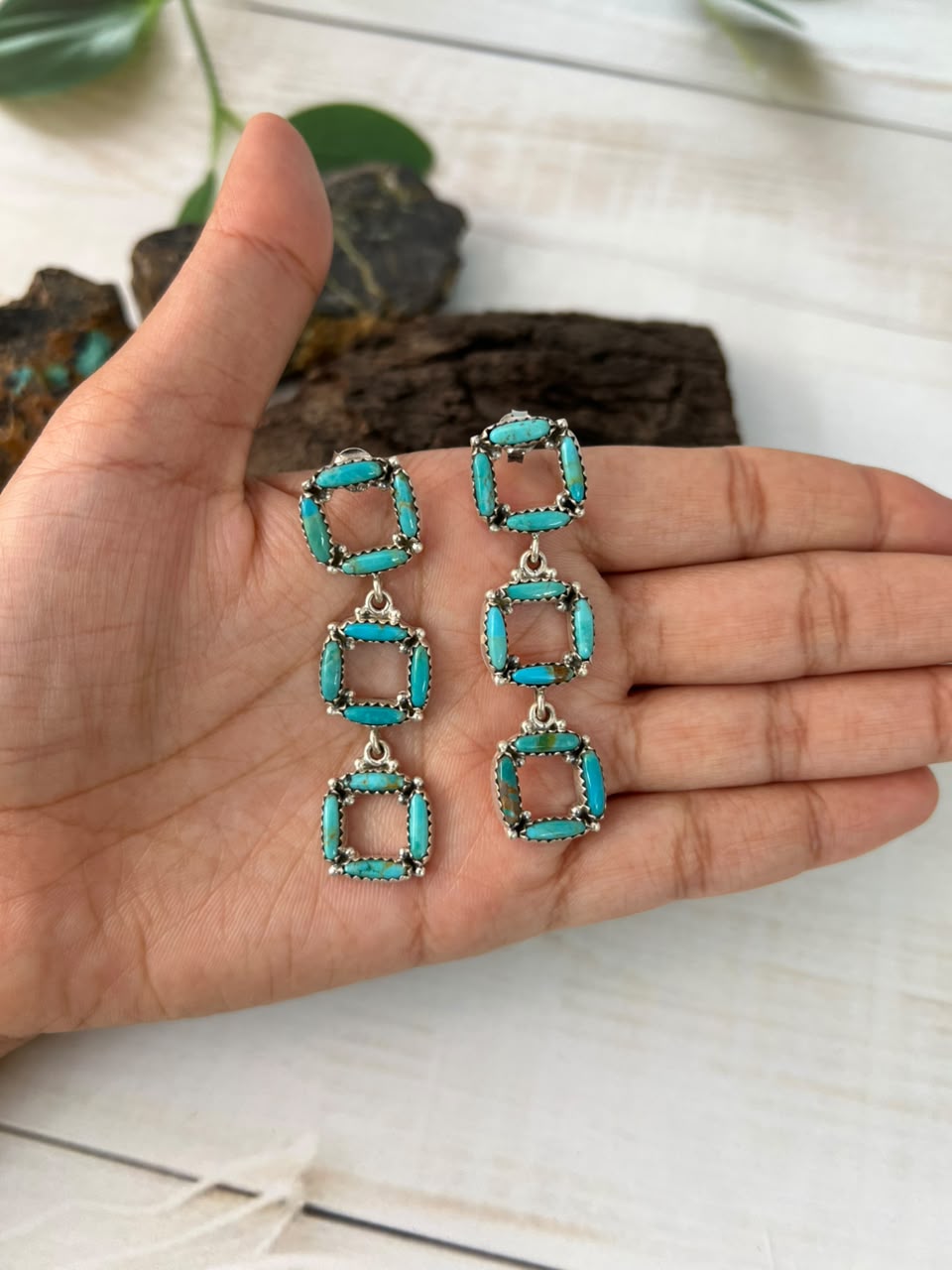 Handmade Sterling Silver Kingman Turquoise Post Dangle Earrings Signed Nizhoni
