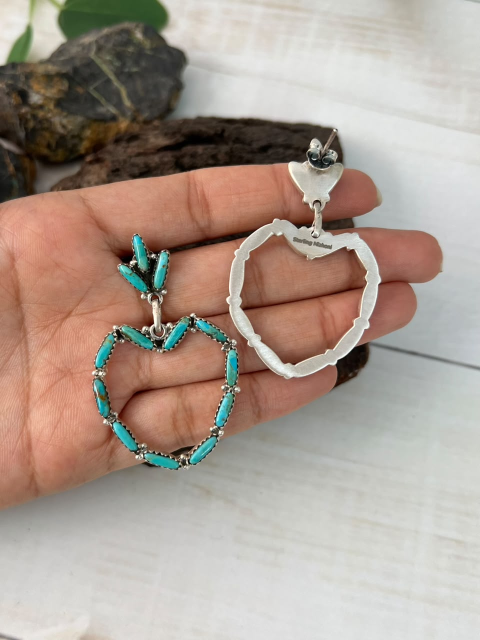 Handmade Sterling Silver Kingman Turquoise Post Dangle Heart Earrings Signed Nizhoni