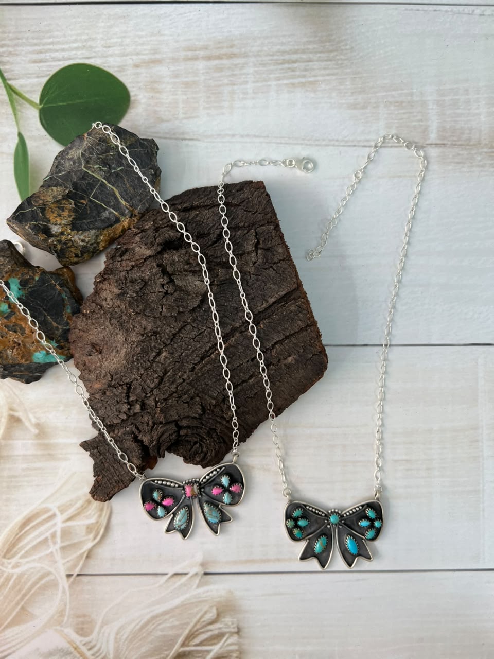 Handmade Sterling Silver Kingman Turquoise and Cotton Candy Bow Necklace Signed Nizhoni