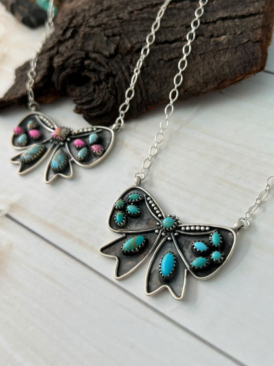 Handmade Sterling Silver Kingman Turquoise and Cotton Candy Bow Necklace Signed Nizhoni